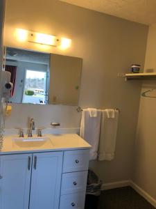 een badkamer met een wastafel, een spiegel en handdoeken bij Fox Mountain Inn in Max Meadows