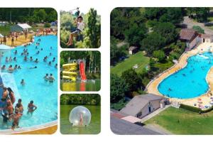 four pictures of a swimming pool with people in it at La villa des Mûriers très spacieuse de 1 à 8 voyageurs avec lit bb dans un environnement calme dans les coteaux in Malause