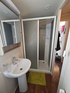 La salle de bains est pourvue d'une douche et d'un lavabo blanc. dans l'établissement Oak Green, à Gristhorpe