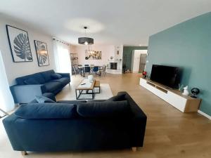 ein Wohnzimmer mit einem blauen Sofa und einem TV in der Unterkunft La Sauldre, maison au cœur de la Sologne in Lamotte-Beuvron