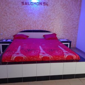 um quarto com uma cama com um edredão vermelho em Complexe M27 em Sali Nianiaral