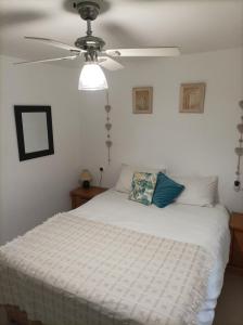 プラヤ・フラメンカにあるEl Rincon & La Calma Vacation Paradiseのベッドルーム1室(白いベッド1台、天井ファン付)