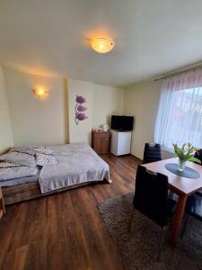 Schlafzimmer mit einem Bett, einem Tisch und einem TV in der Unterkunft Pensjonat Koral in Darłówko