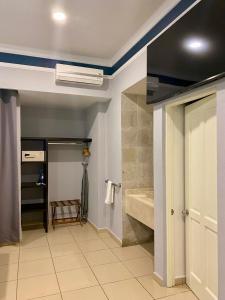 a bathroom with a walk in shower and a sink at InHouse León in León