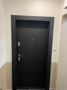 een zwarte deur met een handvat in een kamer bij Spa Tesla 1 in Batajnica