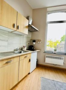 eine kleine Küche mit einem Waschbecken und einem Fenster in der Unterkunft Charmant petit appartement. in Lüttich