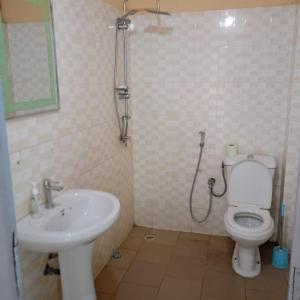 uma casa de banho com um lavatório, um WC e um chuveiro em Complexe M27 em Sali Nianiaral