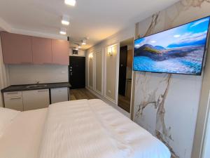 um quarto com uma cama e uma televisão de ecrã plano na parede em Spa Tesla 2 em Batajnica