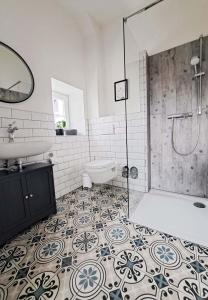a bathroom with a shower and a toilet and a sink at Landhaus Seemann Ferienwohnungen im Grünen in Walsrode