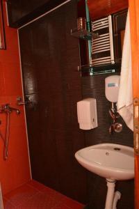 a small bathroom with a sink and a shower at Etno Kuca Paor-apartmani in Kikinda