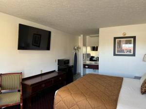 Habitación de hotel con cama, escritorio y TV. en Royal Inn en Albany