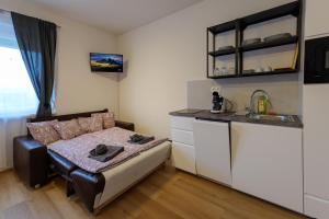 een kleine kamer met een bed en een keuken bij Flataid Apartments Marienbrau in Hart bei Graz