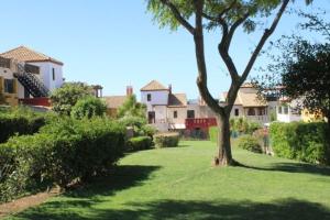 a tree in the middle of a lawn with houses at ACOGEDOR ADOSADO DE ESQUINA. LAS LOMAS. JUNTO AL ALGARVE PORTUGUÉS. in Huelva