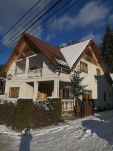 ein weißes Haus mit einem schneebedeckten Dach in der Unterkunft Pensiunea Irina in Botuş