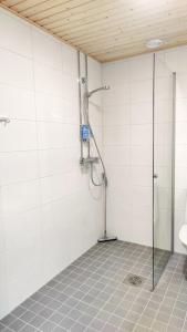 a bathroom with a shower stall and a toilet at Lovely new studio for 3 - close to airport, free parking in Vantaa