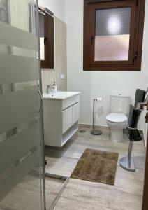 ein Badezimmer mit einem WC, einem Waschbecken und einem Spiegel in der Unterkunft Bajo casa en Moaña in Moaña