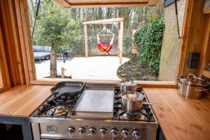 a stove in a kitchen with a view of a yard at Kahakai Beach House - Unique Outdoor Kitchen - next to local lake and 15 min. the from beach in Noordwijkerhout