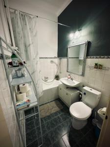 une salle de bain avec des toilettes blanches et un lavabo dans l'établissement Tabán Apartman, à Pécs