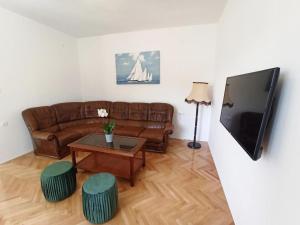 House Palm Tree في Žrnovnica: غرفة معيشة مع أريكة بنية وتلفزيون
