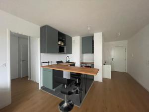- une cuisine avec un comptoir et un îlot dans l'établissement Charmant appartement à 20 min de Paris centre, à Bagneux