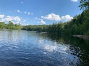 a view of a river with trees in the background at Front RIVER private BEACH 2 HOT TUBS 15 p SAUNA in Labelle