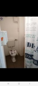 a bathroom with a toilet and a shower curtain at Badacsonyi családi privát házak in Badacsonytomaj