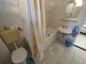La petite salle de bains est pourvue de toilettes et d'un lavabo. dans l'établissement Badacsonyi családi privát házak, à Bytom