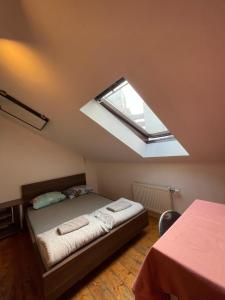 sypialnia z łóżkiem i świetlikiem w obiekcie Schöpfwerk Hostel w Wiedniu