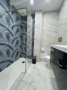 La salle de bains est pourvue d'une douche en verre et de toilettes. dans l'établissement b&b Santa Maria, à Santa Maria a Vico