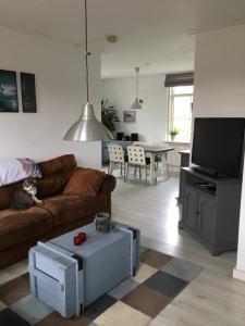 a living room with a couch and a tv at Welkom op de Mildert in Nederweert