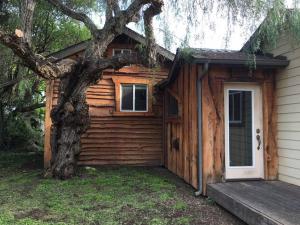 eine Holzhütte mit einer Tür neben einem Baum in der Unterkunft Pacific Coast Hwy Bunkhouse in San Luis Obispo in San Luis Obispo