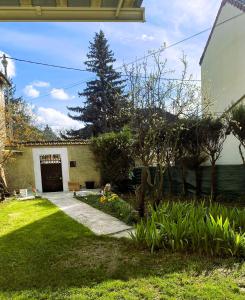 a backyard with a driveway and a tree in the background at Appartement indépendant avec jardin in Saint-Clément