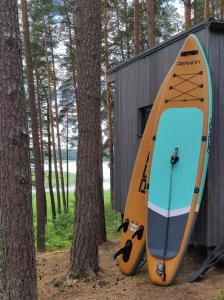 Hay dos kayaks estacionados junto a un edificio con árboles. en BOSE and Bang&Olufsen lofts on a lake by Gauja Club, en Gauja