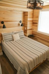 Łóżko w pokoju z drewnianymi ścianami i oknem w obiekcie Escalante Escapes Tumble Weed- Bunk Escape w mieście Escalante