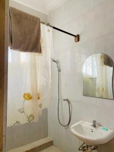 y baño con ducha, lavabo y espejo. en Heavens Gate, en Accra