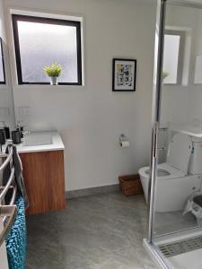 a bathroom with a toilet and a sink and a window at Tranquil Bamboo Oasis in Christchurch