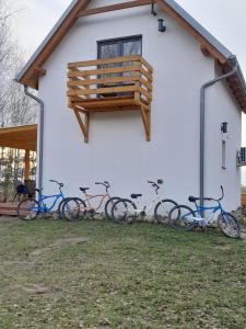 een groep fietsen geparkeerd voor een gebouw bij Przystanek Las in Gąsawa