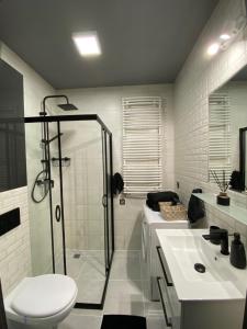 a bathroom with a shower and a toilet and a sink at ST TOWER Apartament in Rzeszów +25 photos