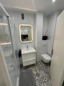 a bathroom with a sink and a toilet and a mirror at Studio Villennes sur seine cosy Paris Versailles in Villennes-sur-Seine