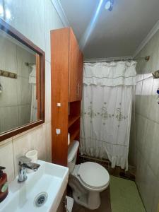 bagno con servizi igienici, lavandino e specchio di Casa Talca a Talca