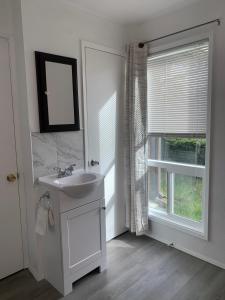 a white bathroom with a sink and a window at Central Bellevue Guesthouse in Bellevue
