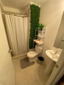 a small bathroom with a toilet and a sink at Apartamento e109 in Guatemala