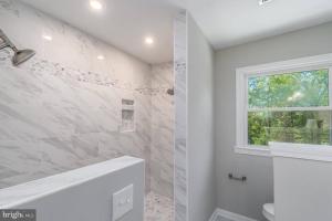 baño blanco con ducha y ventana en Tara Retreat: Family-Friendly Oasis with Pool, Tennis & Serene Ambiance in Potomac, en Potomac