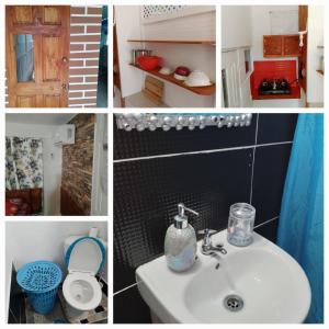 four pictures of a bathroom with a sink and a toilet at Love Den in Christ Church