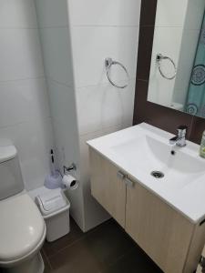uma casa de banho com um lavatório branco e um WC. em Departamento Brisa del sol em Talcahuano