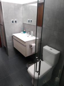 a bathroom with a toilet and a sink and a shower at Linda y cómoda casa en Colonia del Sacramento in Colonia del Sacramento