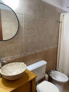 une salle de bain avec un lavabo, des toilettes et un miroir dans l'établissement Departamento Emilia 1, à Chascomús