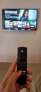 une personne tenant une télécommande devant une télévision dans l'établissement Departamento Emilia 1, à Chascomús
