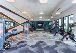 ein Fitnessstudio mit Laufbändern und Cardiogeräten in einem Gebäude in der Unterkunft Modern luxury retreat! in Atlanta