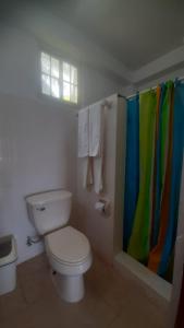 y baño con aseo y cortina de ducha de arco iris. en Kame House en Juan Gallego